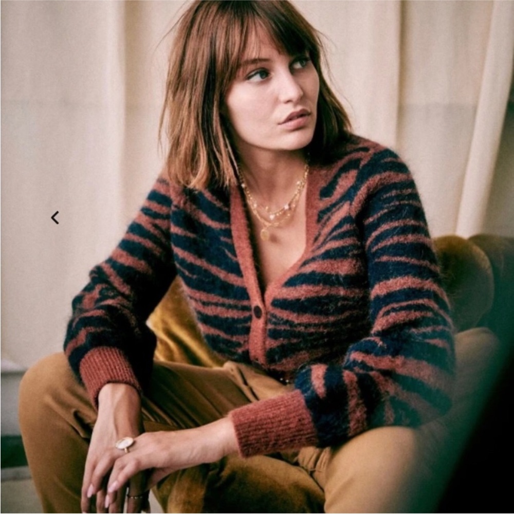 Sezane Rust and Navy Zebra-Striped Mohair Blend Cardigan